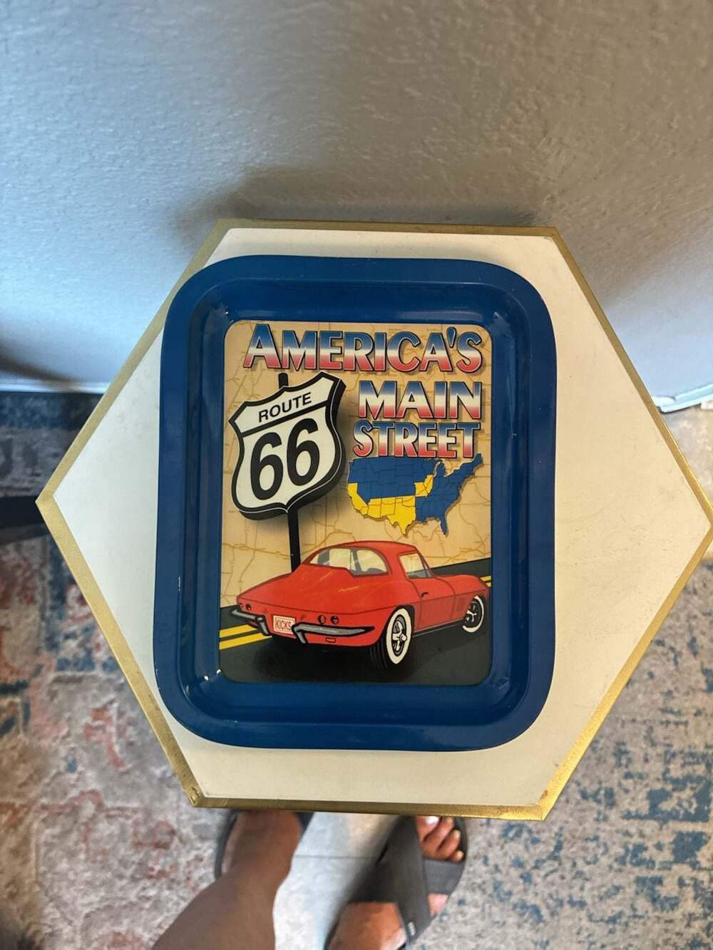 Vintage Route 66 America's Main Street Metal Serving Tray with Red Corvette
